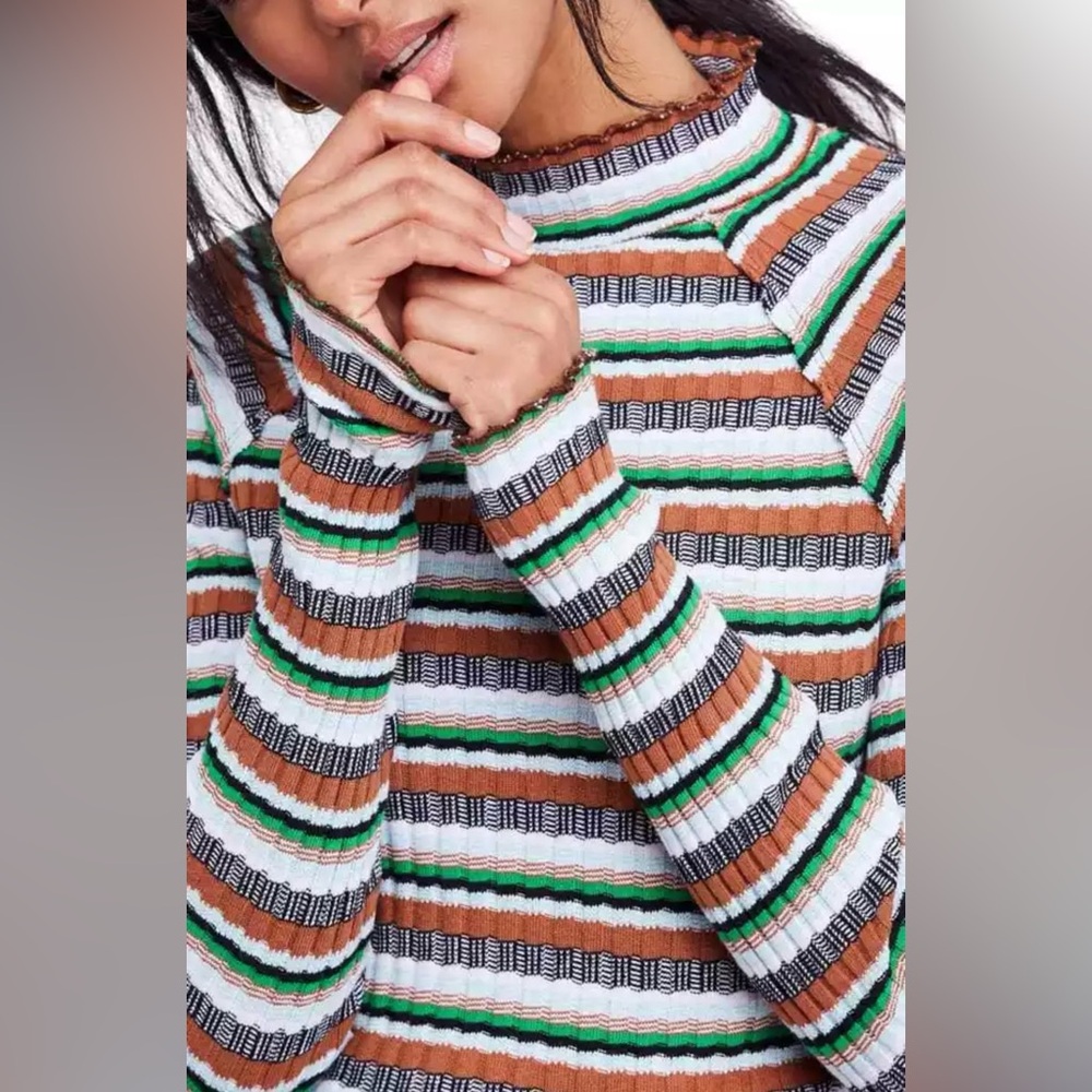 Free People Mirror Long Sleeve Mock Neck Striped Fitted Sweater Top Size Medium